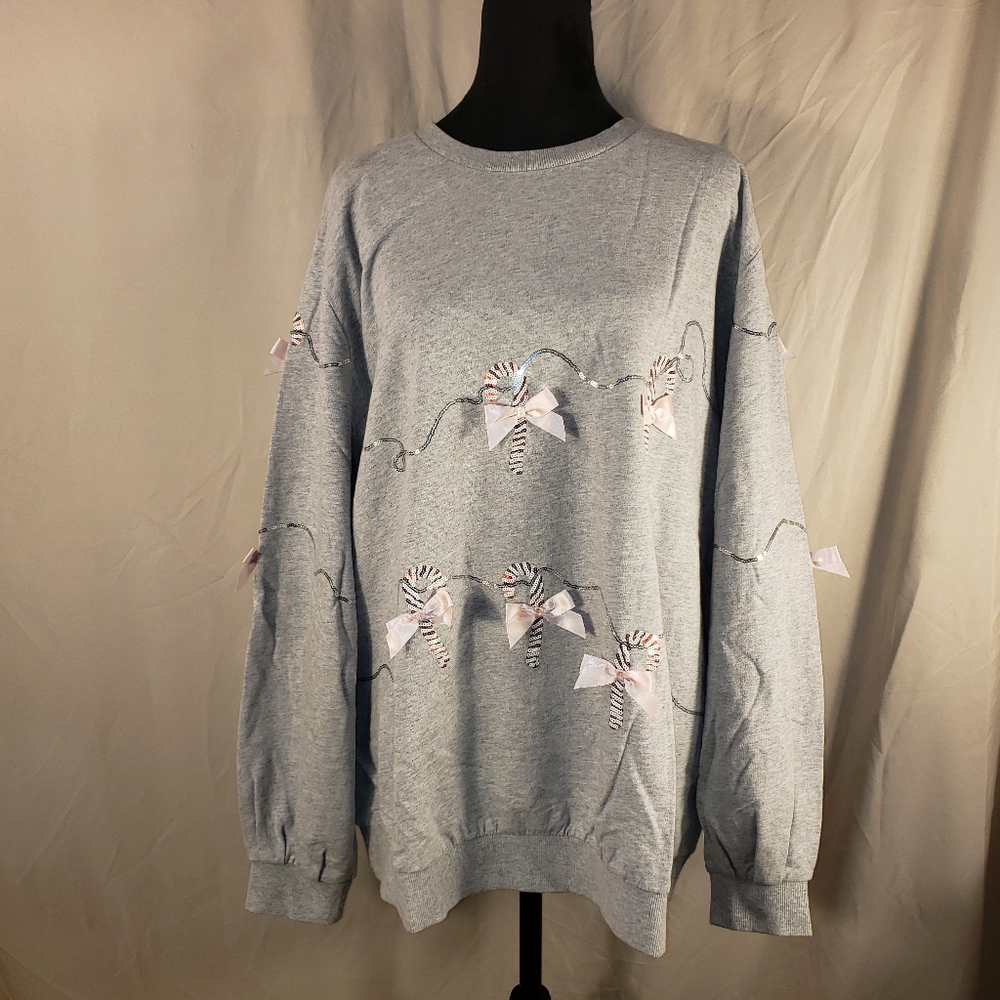 Ellos Gray Sweatshirt With Candy Cane Sequin Detailing - 1X - Picture 3 of 6